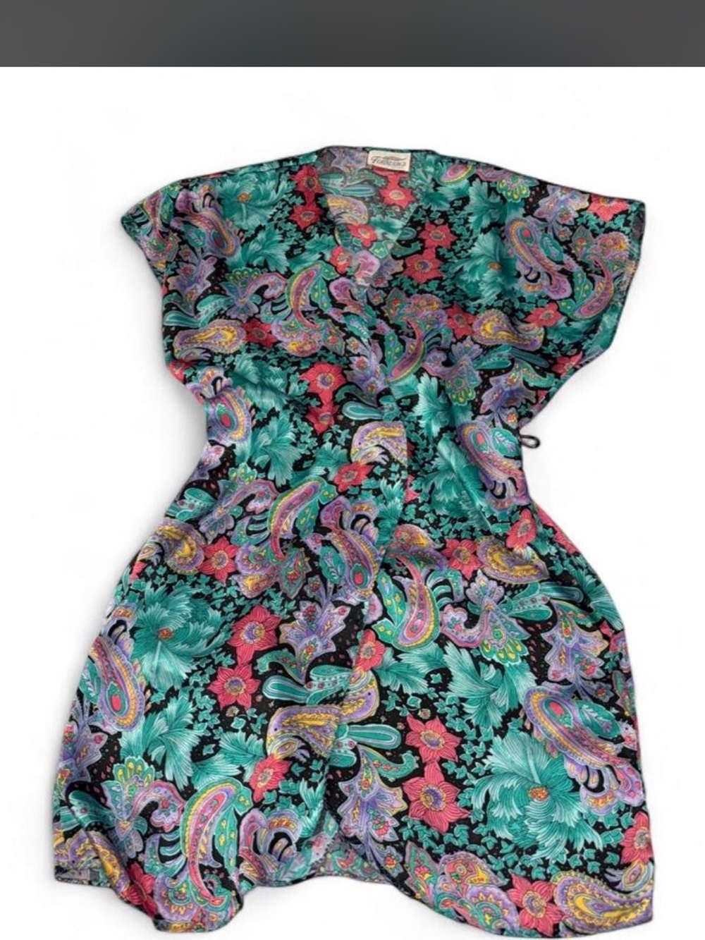 Floral Paisley V-Neck Wrap Dress in Teal, Pink & Black